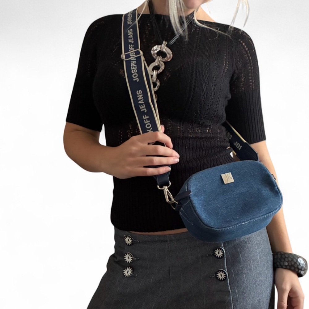 Joseph Ribkoff Denim Belt Crossbody Camera Bag with Logo and Adjustable Strap